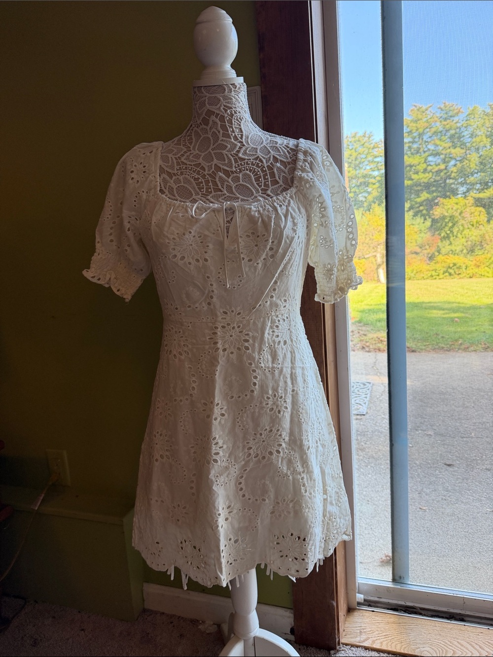7 For All Mankind White Eyelet Puff-Sleeve Mini Dress